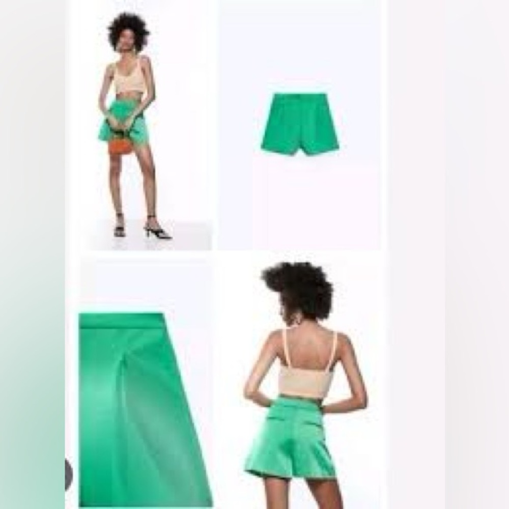 Zara Stretch Satin Emerald Green High Waist Pleated Shorts Pockets XS